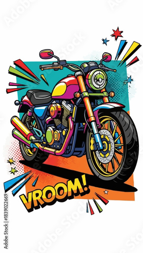 Colorful motorcycle illustration with vibrant details and dynamic design elements.