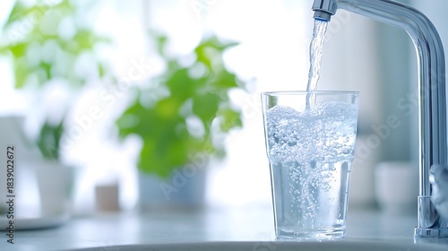 Clear fresh drinking water pours from a modern chrome faucet into a bubbling glass in a bright kitchen setting