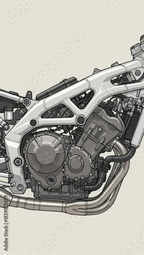 Motorcycle Engine and Frame Assembly on White Background.