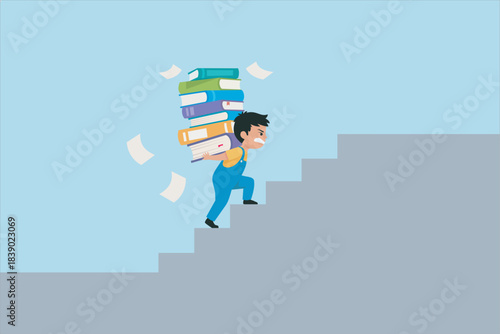 Vector illustration a boy climbing stairs while carrying a large, heavy stack of books, symbolizing hard work, pressure, and determination.