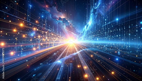 Futuristic city scape fades into cosmic energy with streaks of light and data streams