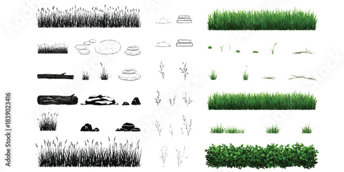 Isolated natural environment elements: grass, rocks, logs, branches, bushes
