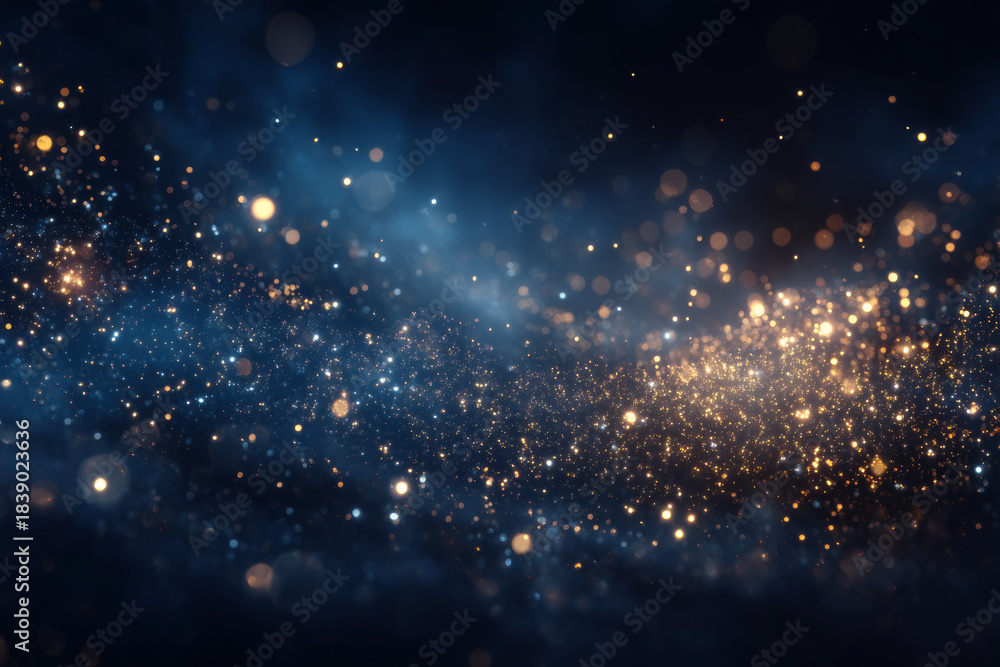 Fototapeta premium Dark Navy-Blue Abstract Background with Scattered Glittering Golden Stars or Bokeh Lights Falling from Above