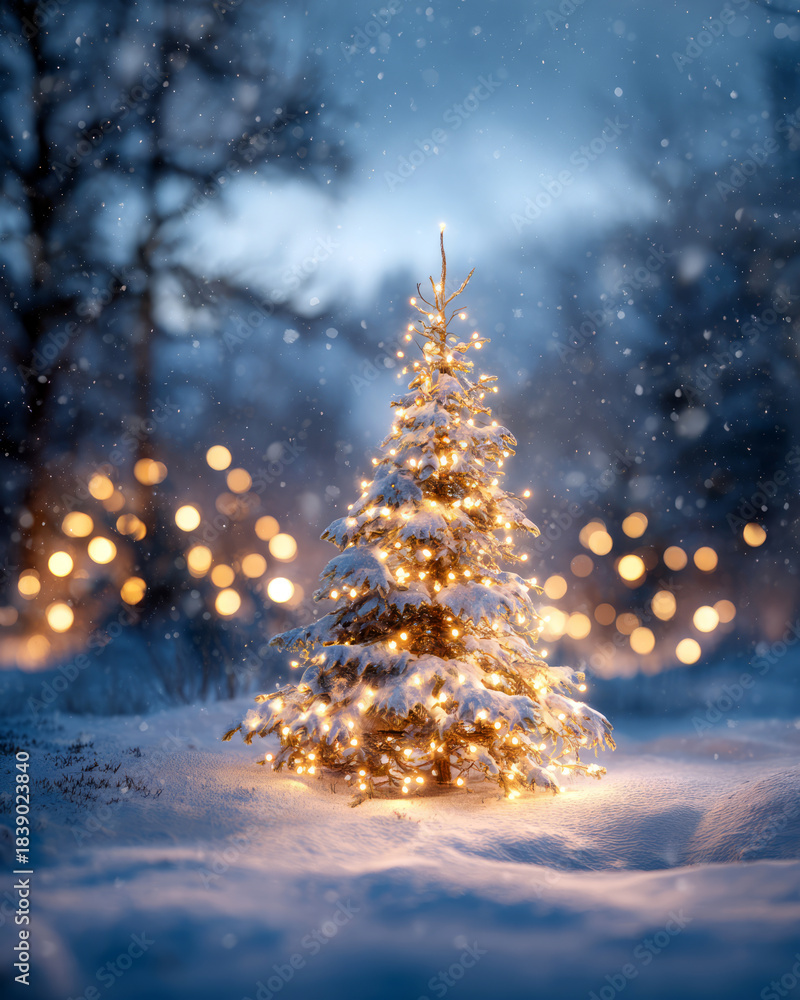 Fototapeta premium Magical Outdoor Christmas Tree Illuminated with Warm Lights in Snowy Winter Forest at Dusk