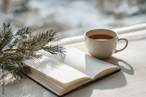 Open Notebook and Tea Mug by Sunny Window for Planning and Reflection