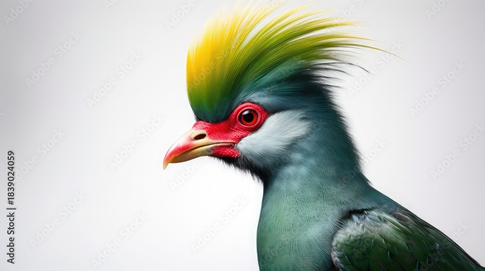 Naklejka premium Striking portrait of vibrant Crested Partridge bird showcasing brilliant red and yellow plumage detail against clean white background 