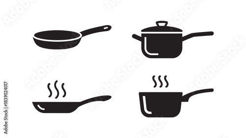 Cookware Icons in Simple Flat Design with Black Silhouette on White Background for Kitchen Utensils