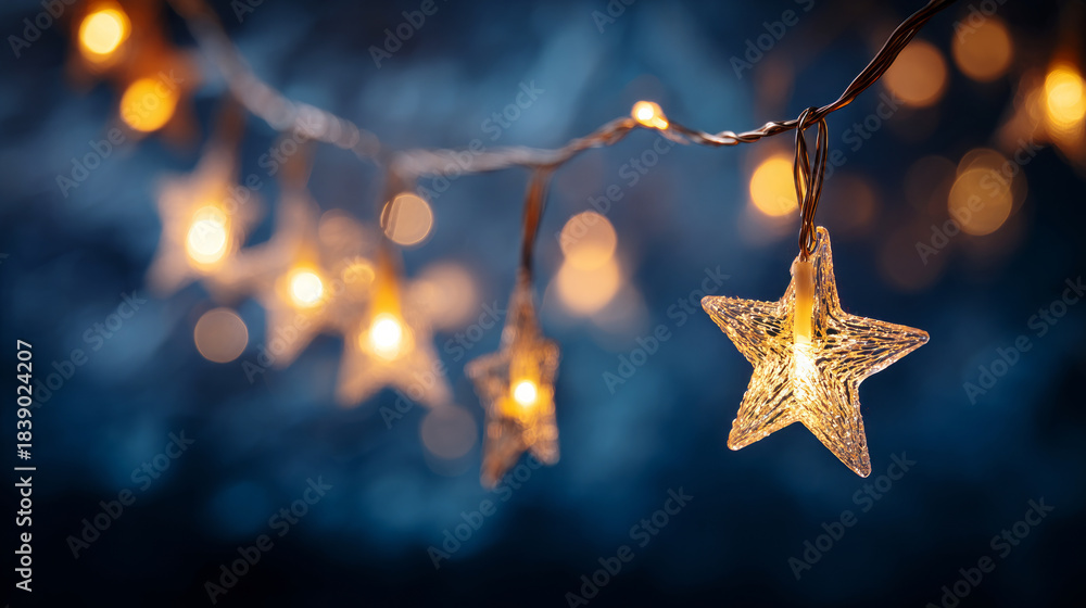 Fototapeta premium Warm Glowing Star-Shaped Christmas String Lights on a Dark Blue Background