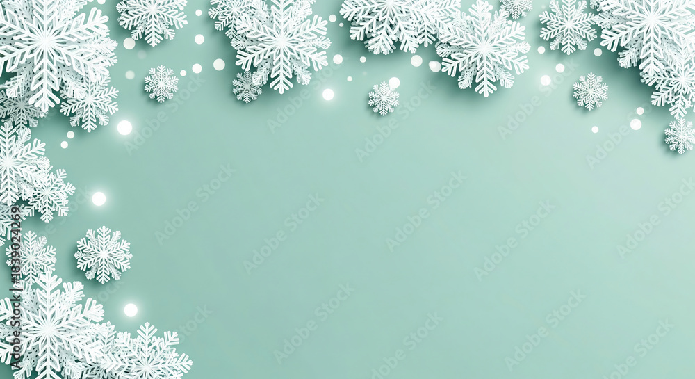 Fototapeta premium White snowflakes and sparkling lights in a 3D paper cutout style on the edges against a light green/mint background. A modern frame for winter and holiday themes.