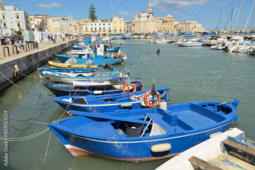 Canvas Print Traditional fishing boats mooring in Trani harbor Italy