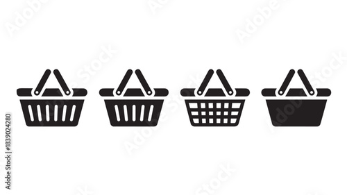Shopping baskets in various styles with handles in black silhouette on white background for e-commerce
