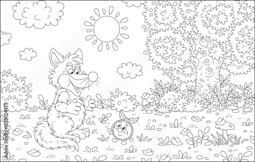 Big hungry wolf and cheerful freshly baked round loaf Kolobok talking on a path in a thicket of a fairytale forest, black and white outline vector cartoon illustration for a coloring book