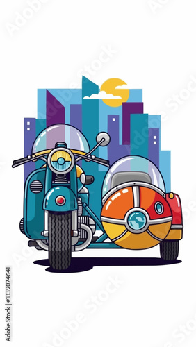 Vintage Scooter with Sidecar and Cityscape Illustration.