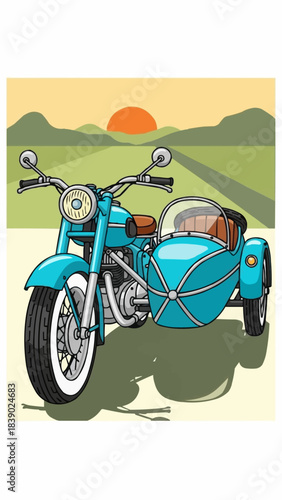 Vintage blue motorcycle with a classic sidecar illustration.