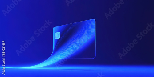 Futuristic glowing credit card illustration with digital light trail effect, floating in abstract blue background symbolizing fintech, banking innovation and digital payments.