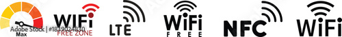 Wireless wifi signal icons set. Internet connection symbols. Set of different wireless and wifi icons. Network communication and radio wave. Antenna tower icon collection. Vector illustration.