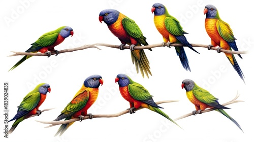 Watercolor colored birds Set,tropical bird, parrot, toucan, rosella and macaw. White isolated background, hand drawing