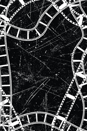 Grunge Filmstrip poster overlay . Dusty, scratchy texture effect. Film frame photo strip. Camera roll vintage design .Photo Album. Grunge effect .Vector