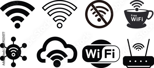 Wireless wifi signal icons set. Internet connection symbols. Set of different wireless and wifi icons. Network communication and radio wave. Antenna tower icon collection. Vector illustration.