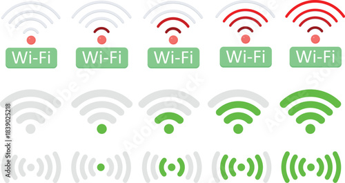 Wireless wifi signal icons set. Internet connection symbols. Set of different wireless and wifi icons. Network communication and radio wave. Antenna tower icon collection. Vector illustration.