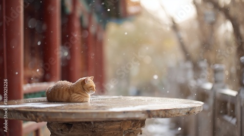 Fototapeta Naklejka Na Ścianę i Meble -  Cat rests on a stone table during snowfall in an outdoor area