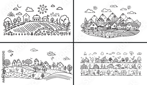 Farm landscape illustration, countryside nature vector, rural agriculture artwork, village farm drawing, harvest field design, eco farming art, natural land decor, farmland scenery vector, country lif