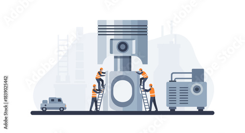 Dynamic illustration of a piston with mechanics working, perfect for automotive industry marketing or engineering concepts, displaying teamwork and precision.