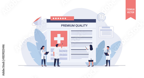 Medical team presenting premium healthcare solutions for a healthier future in a bright, modern setting and promoting wellness with expert advice