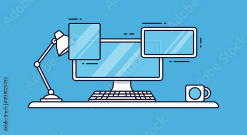 Modern workspace concept with computer, tablet and smartphone on blue background, perfect for tech blogs or creative agency websites needing a fresh look