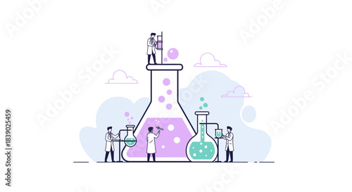 Dynamic science research team working with beakers and solutions in modern lab for breakthrough results and innovative discoveries, perfect for marketing materials