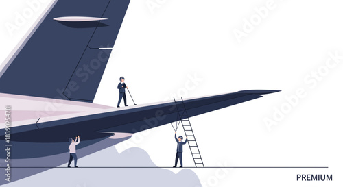 Aviation maintenance crew inspecting aircraft wing for safety and performance ensuring peak flying condition for travel and transport business needs