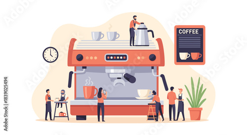 Inviting coffee shop scene with baristas crafting drinks and customers enjoying the atmosphere, perfect for marketing materials and social media campaigns