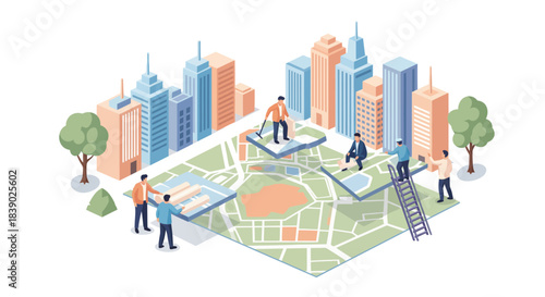 Dynamic city planning illustration showing urban development with team collaboration, modern design, and strategic vision for future growth in a thriving metropolis