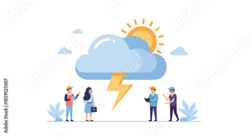 Team navigating market volatility with innovative strategies and clear skies ahead, symbolizing resilience and growth in changing times