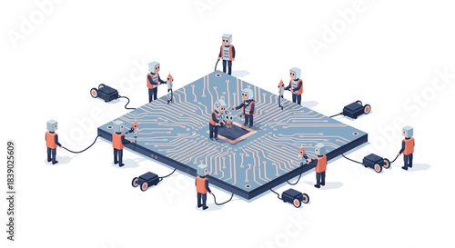 Robots building the future of technology with teamwork on a microchip, symbolizing progress, innovation, and collaborative engineering in a futuristic world