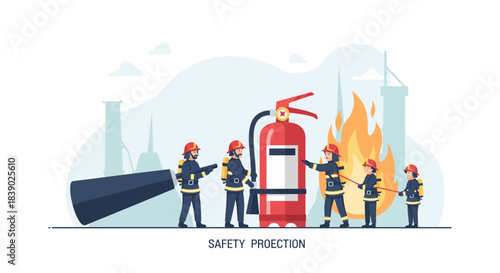 Brave firefighters battling industrial fire with extinguisher, showcasing safety protection and emergency response protocols in a crisis situation