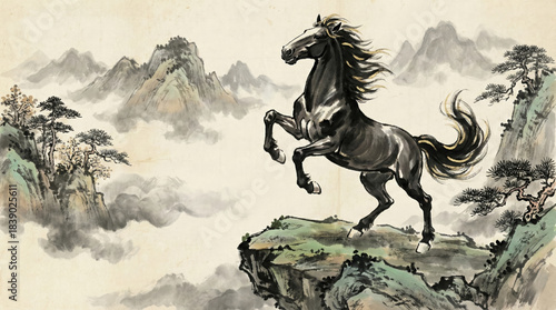 Black horse rearing on mountain cliff in traditional Chinese ink wash painting