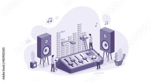 Professional music production team mixing audio with soundboard and monitors for modern album, capturing creative studio collaboration and sound engineering