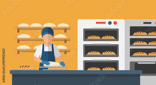 Artisan baker preparing fresh bread in a bakery with ovens and shelves filled with loaves, creating a warm and inviting atmosphere for your business