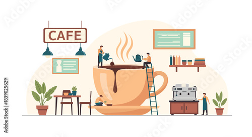 Adorable tiny baristas prepare a giant coffee drink in a whimsical cafe setting, perfect for coffee lovers and small business promotions