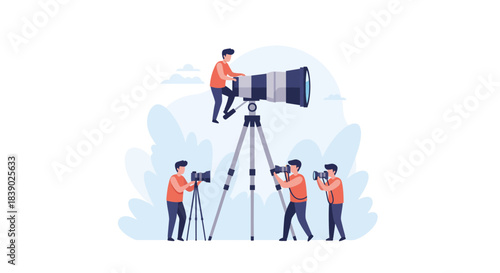 Passionate photographers capturing unique perspectives with creative camera techniques and a massive zoom lens, exploring fresh angles and visual storytelling