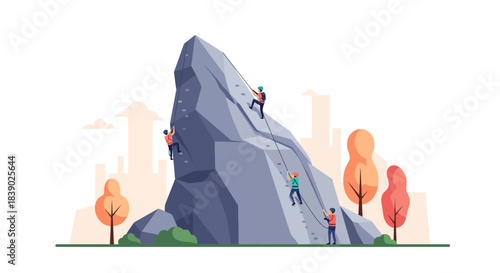 Team climbing mountain to achieve peak performance and reach business success in competitive market, perfect for corporate training and motivational content