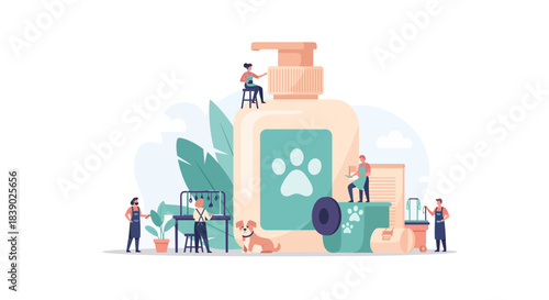 Delightful dog grooming salon with cheerful groomers bathing, clipping, and pampering cute pets with gentle care in a clean, modern spa setting