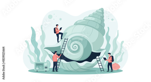 Team exploring a giant seashell with ladders, creating a sense of adventure and discovery in a whimsical marine environment, perfect for travel concepts