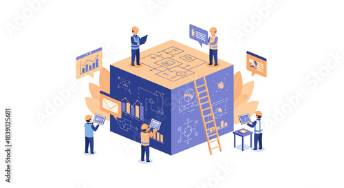 Engineering team collaborating on project roadmap with data analytics and communication, visual representation of innovation and teamwork in construction