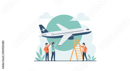Aviation team inspecting airplane with ladder for safety and maintenance checks, perfect for travel, transportation, and airline industry marketing campaigns