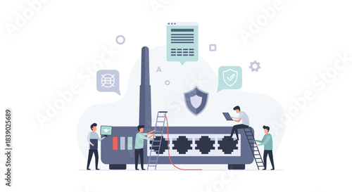 Tech team secures network router with modern security protocols, ensuring data integrity and reliable internet connection for business success today