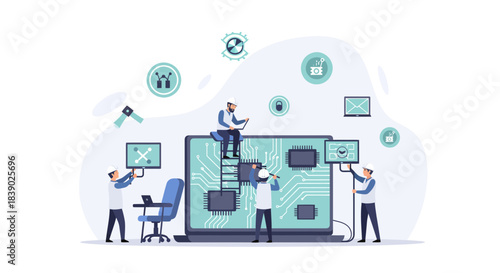 Innovative tech team collaborating on circuit board design for modern computer, perfect for engineering and development projects, showcasing collaboration