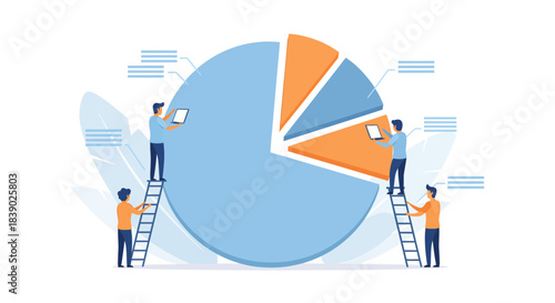 Dynamic team analyzing vibrant pie chart on tablets, climbing ladders to success, representing data insights and collaborative business growth strategies