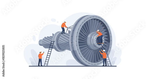 Engineers inspecting modern jet engine turbine for maintenance and repair, ensuring peak performance with precision and care in aviation manufacturing